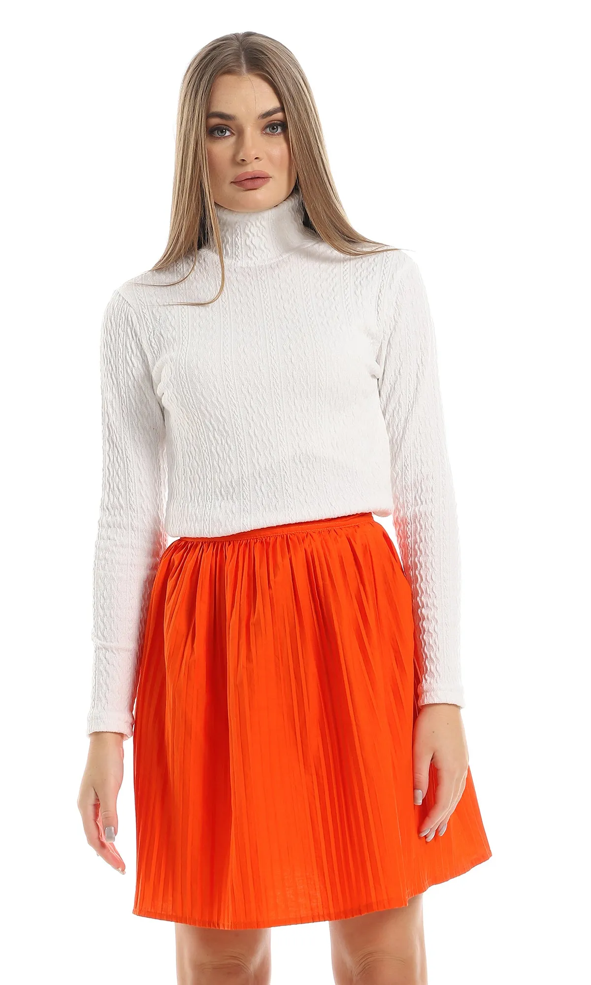 O161201 High Neck Long Sleeved Chic Knitted Top - Off White