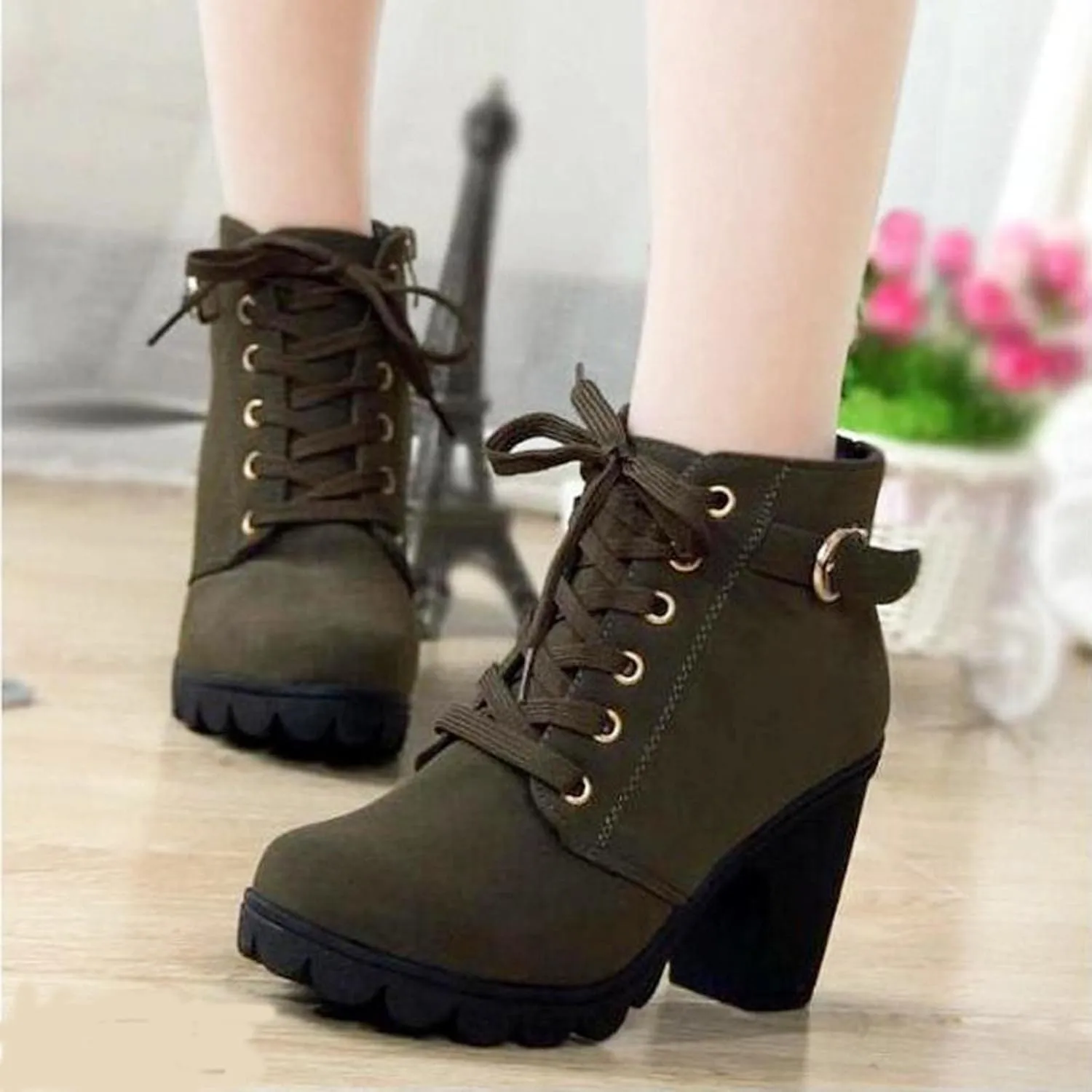 oiangi Boots for Women Chunky Heel Ankle Booties Fashion Round Toe Lace Up Belt Buckle Side Zipper Block High Heel Boots Solid Casual Comfy Ladies Shoes