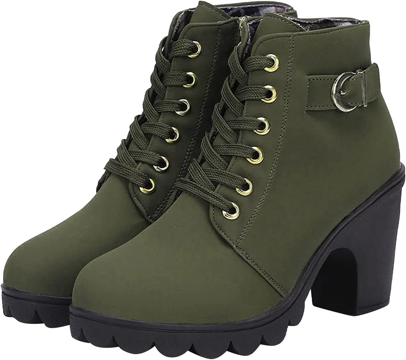 oiangi Boots for Women Chunky Heel Ankle Booties Fashion Round Toe Lace Up Belt Buckle Side Zipper Block High Heel Boots Solid Casual Comfy Ladies Shoes