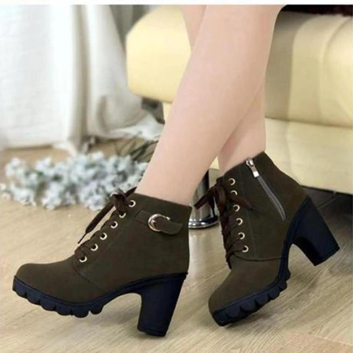 oiangi Boots for Women Chunky Heel Ankle Booties Fashion Round Toe Lace Up Belt Buckle Side Zipper Block High Heel Boots Solid Casual Comfy Ladies Shoes