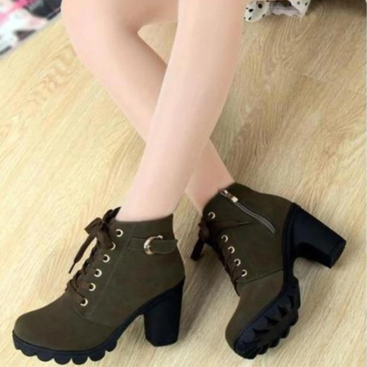 oiangi Boots for Women Chunky Heel Ankle Booties Fashion Round Toe Lace Up Belt Buckle Side Zipper Block High Heel Boots Solid Casual Comfy Ladies Shoes