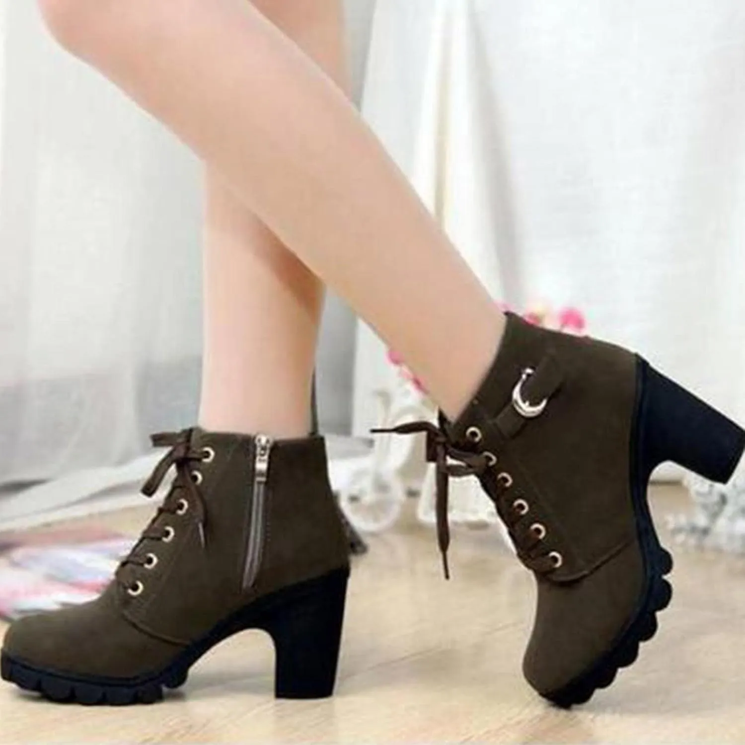 oiangi Boots for Women Chunky Heel Ankle Booties Fashion Round Toe Lace Up Belt Buckle Side Zipper Block High Heel Boots Solid Casual Comfy Ladies Shoes