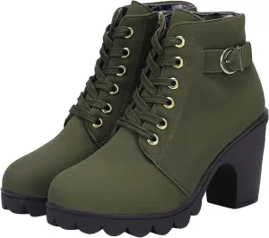 oiangi Boots for Women Chunky Heel Ankle Booties Fashion Round Toe Lace Up Belt Buckle Side Zipper Block High Heel Boots Solid Casual Comfy Ladies Shoes