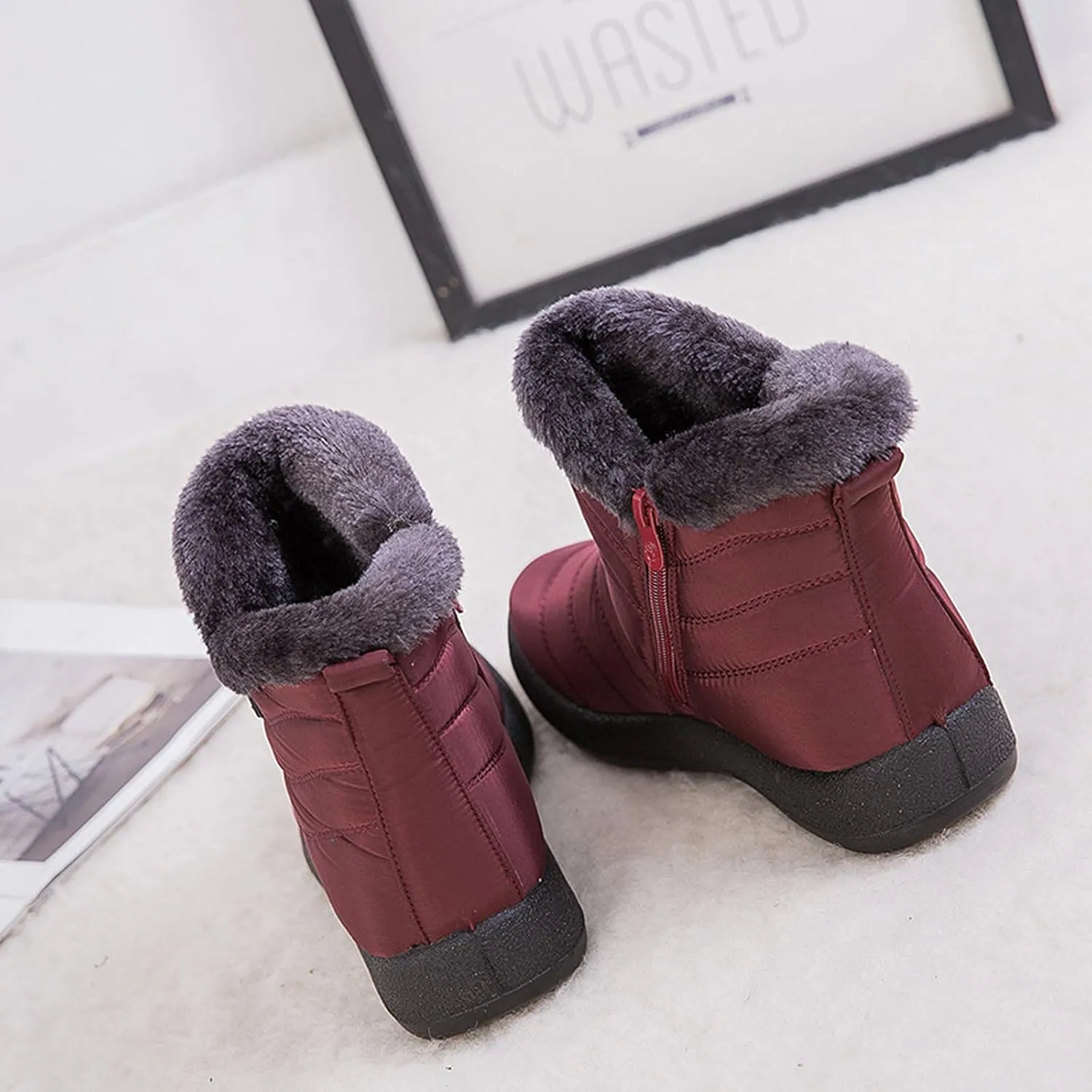 oiangi Snow Boots for Women Waterproof Fashion Solid Round Toe Slip-on Platform Ankle Boots Winter Comfortable Warm Quilted Outdoor Casual Flat Shoes