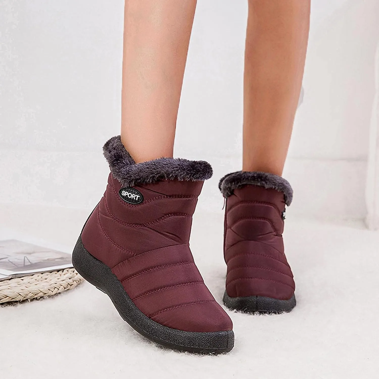 oiangi Snow Boots for Women Waterproof Fashion Solid Round Toe Slip-on Platform Ankle Boots Winter Comfortable Warm Quilted Outdoor Casual Flat Shoes