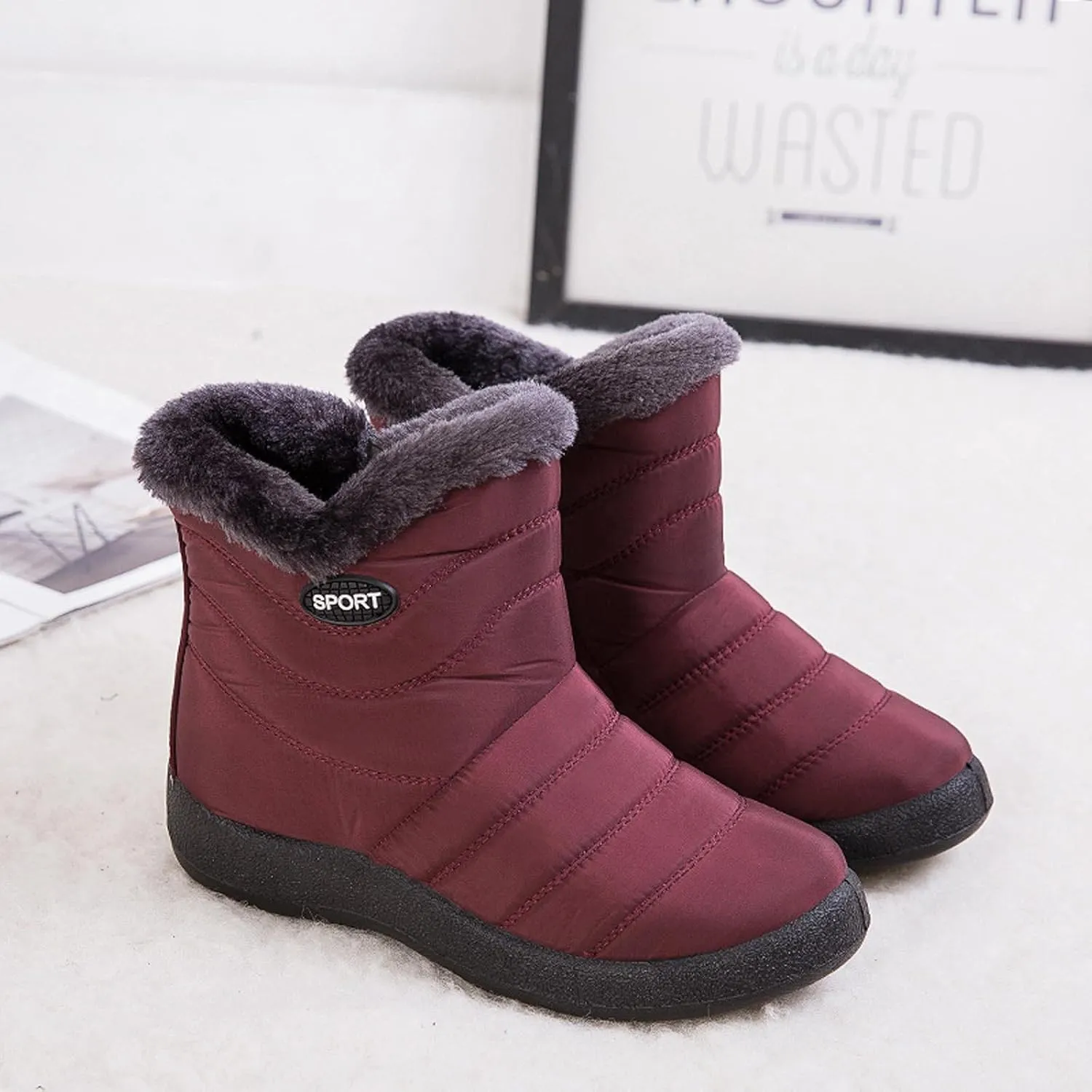 oiangi Snow Boots for Women Waterproof Fashion Solid Round Toe Slip-on Platform Ankle Boots Winter Comfortable Warm Quilted Outdoor Casual Flat Shoes