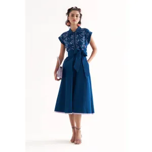 Our Love Blue Cotton Twill And Schiffli Embroidered Midi Dress With Belt (Set of 2)