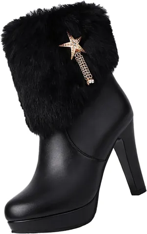 Plush Lined High Heel Boots For Women Leather Womens Boots Mid Calf Round Toe Thin Heel Black Riding Boots Women