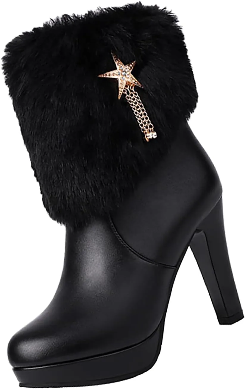 Plush Lined High Heel Boots For Women Leather Womens Boots Mid Calf Round Toe Thin Heel Black Riding Boots Women