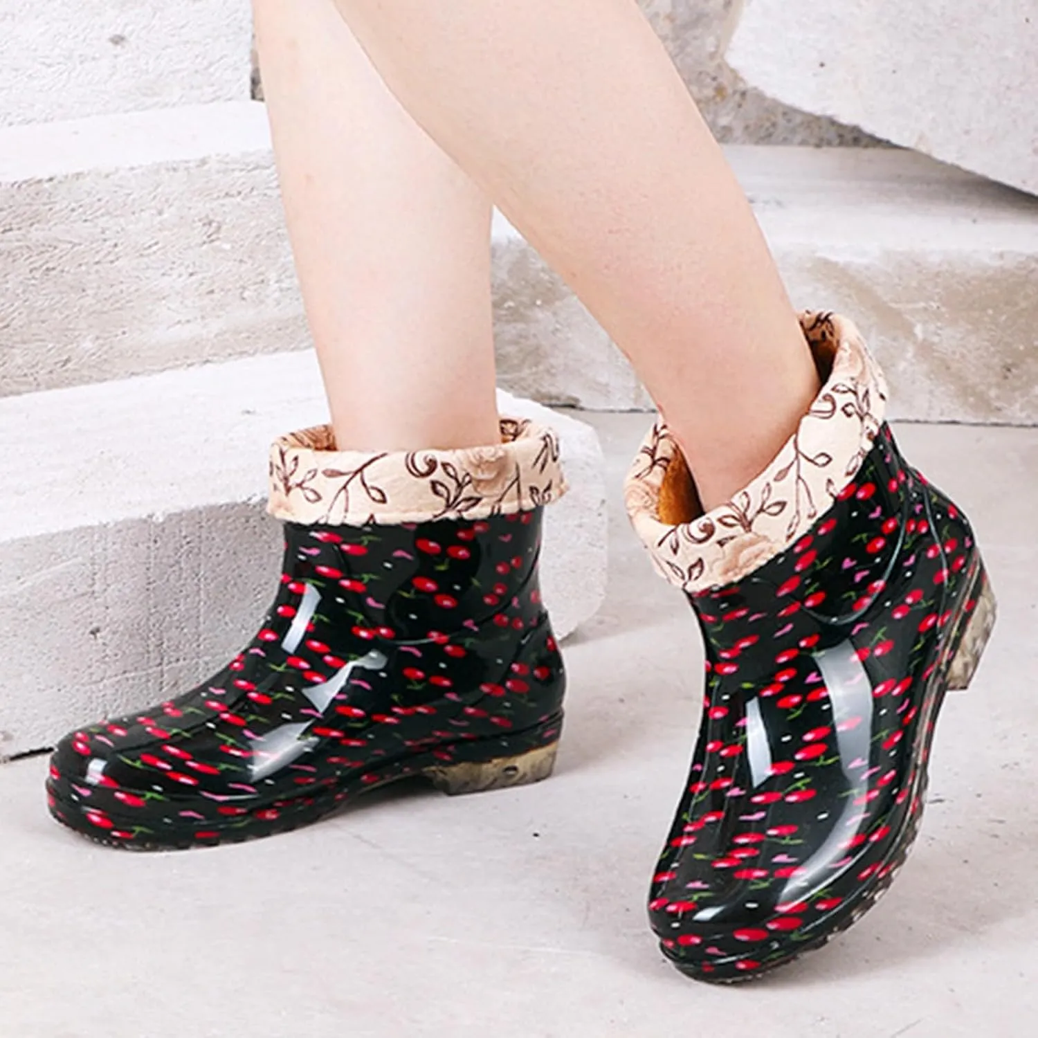 Rainboots Boots Women Ankle Garden Rainboot Fleec Warm Slip On Short Rain Boots Rubber Work Boots Garden Shoes Short Rain Boots