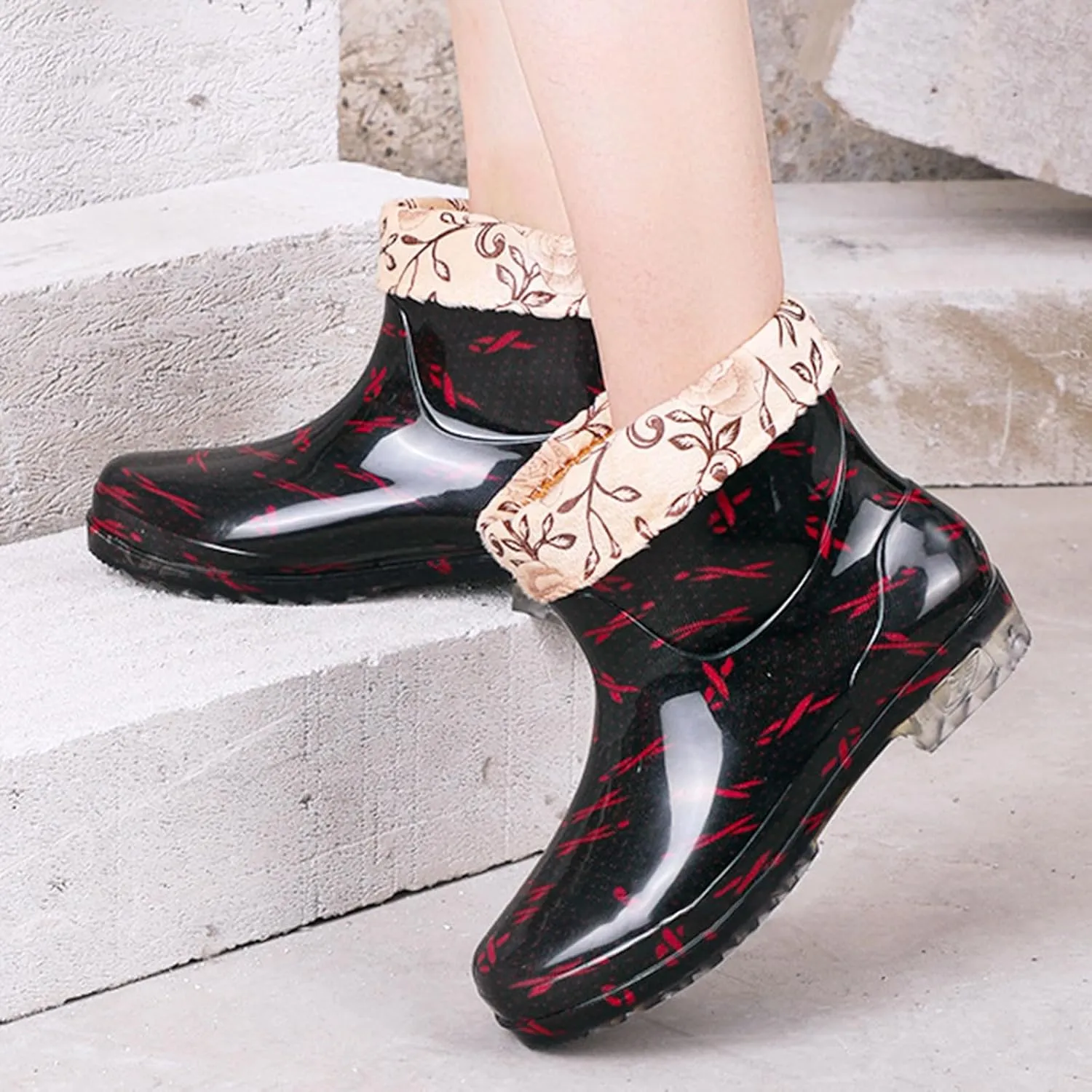 Rainboots Boots Women Ankle Garden Rainboot Fleec Warm Slip On Short Rain Boots Rubber Work Boots Garden Shoes Short Rain Boots