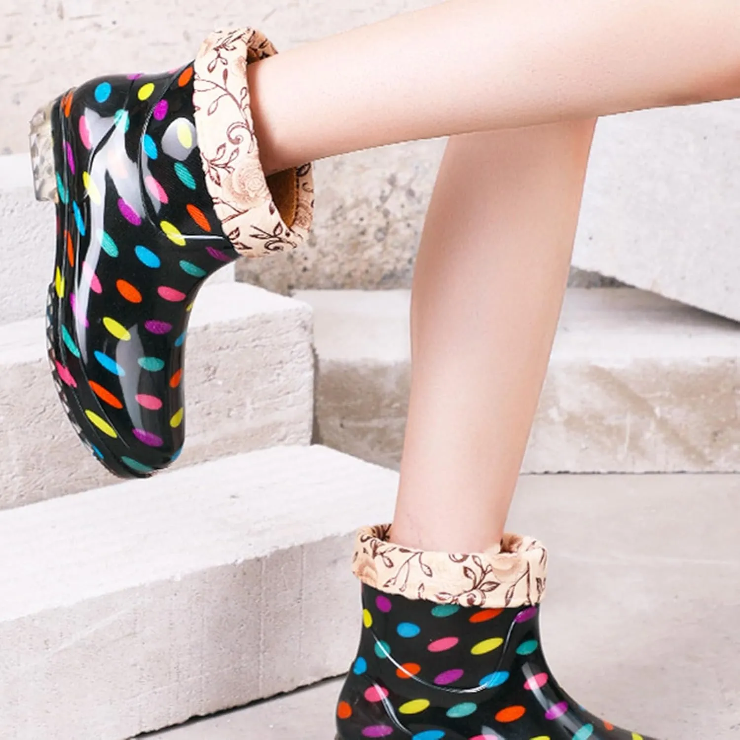 Rainboots Boots Women Ankle Garden Rainboot Fleec Warm Slip On Short Rain Boots Rubber Work Boots Garden Shoes Short Rain Boots