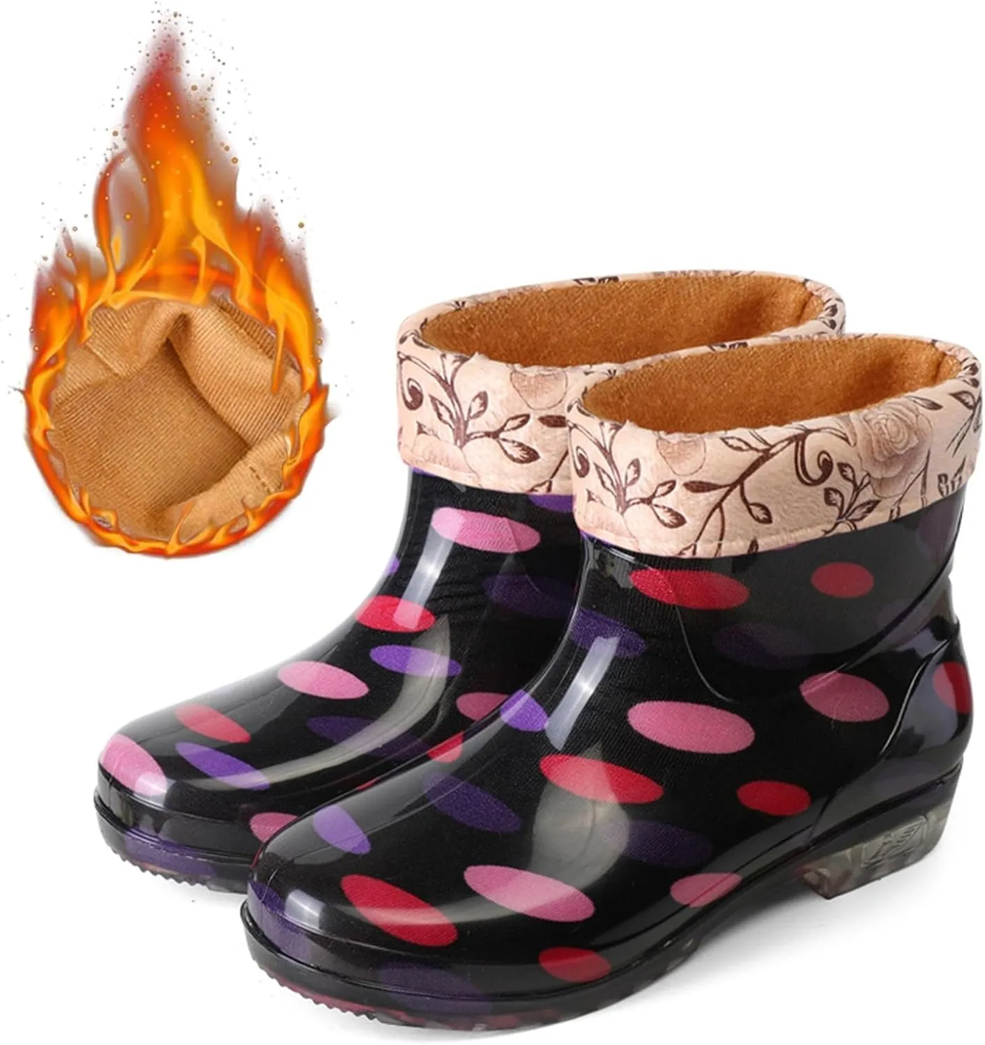Rainboots Boots Women Ankle Garden Rainboot Fleec Warm Slip On Short Rain Boots Rubber Work Boots Garden Shoes Short Rain Boots