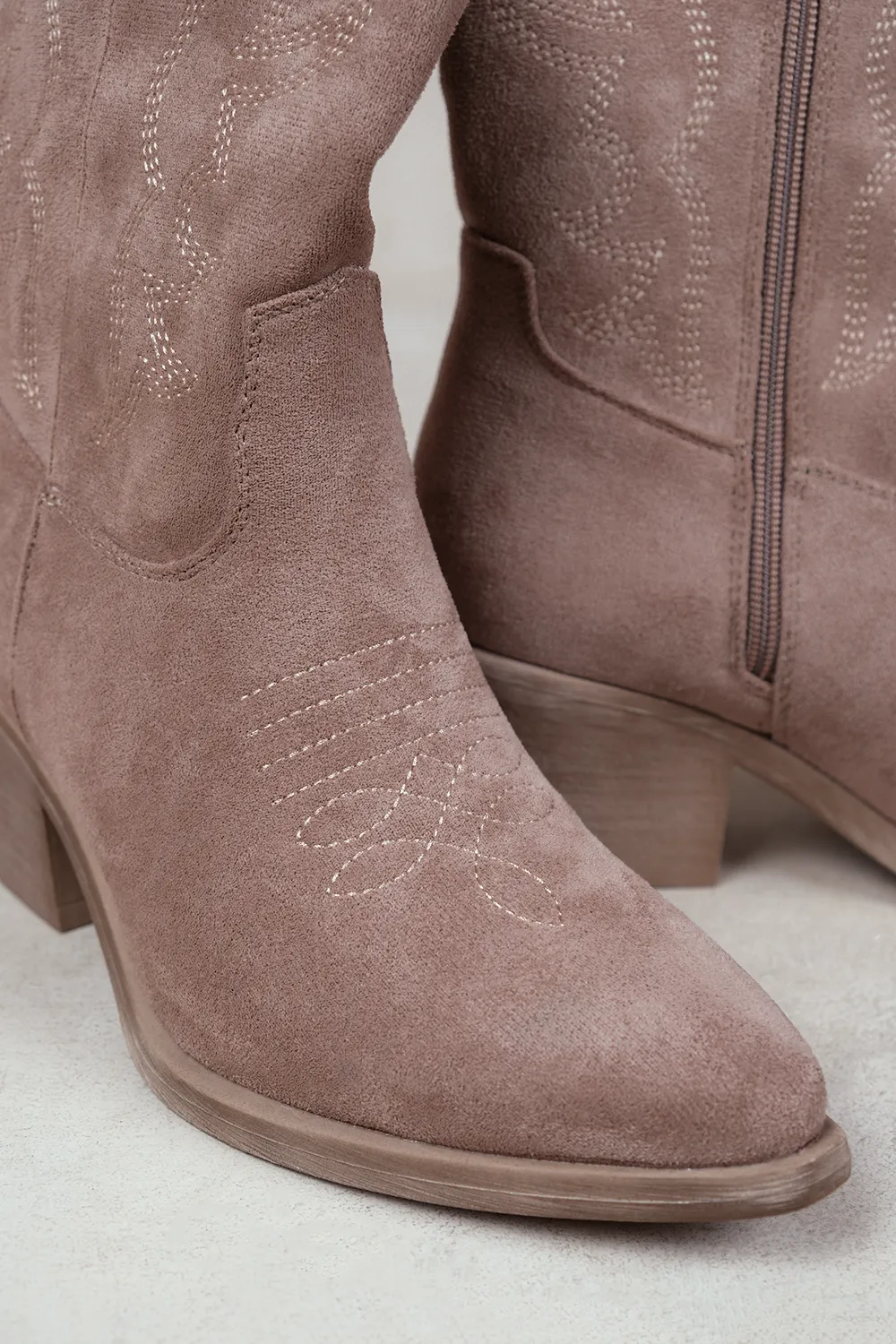 RODEO BOOTS WITH SELF COLOR EMBROIDERY AND SIZE ZIP IN KHAKI SUEDE