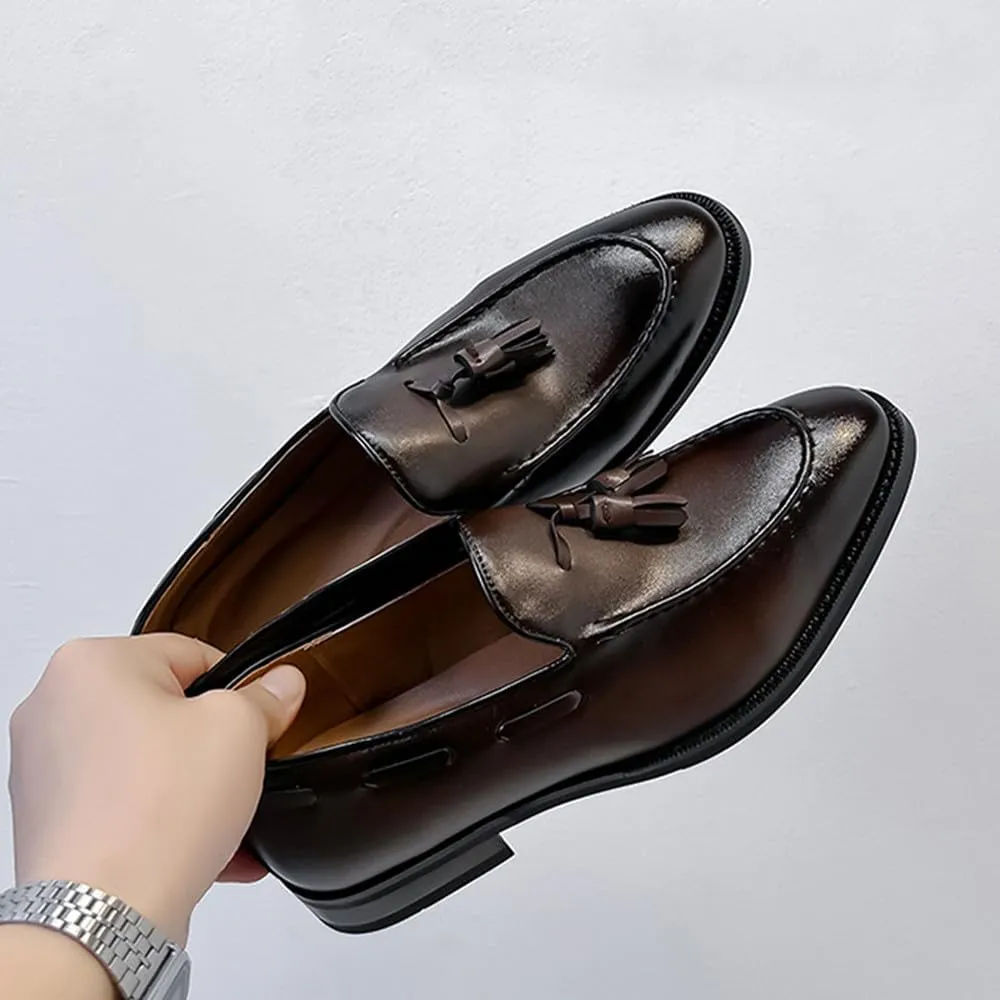 Santimon Men??s Leather Moc Toe Tassel Loafers ?C Anti-Slip Rubber Sole Lightweight Slip-Ons for Weddings, Office & Formal Events