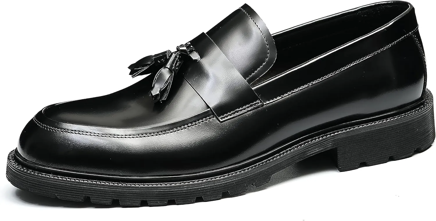 Santimon Men's Loafers Slip Ons Dress Casual Tassel Shoes Genuine Leather Thick-Soled Penny Loafer Formal Business Fashion Prom Wedding Tuxedo Shoes for Men
