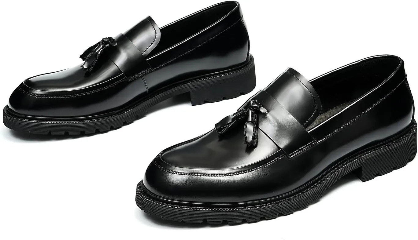 Santimon Men's Loafers Slip Ons Dress Casual Tassel Shoes Genuine Leather Thick-Soled Penny Loafer Formal Business Fashion Prom Wedding Tuxedo Shoes for Men