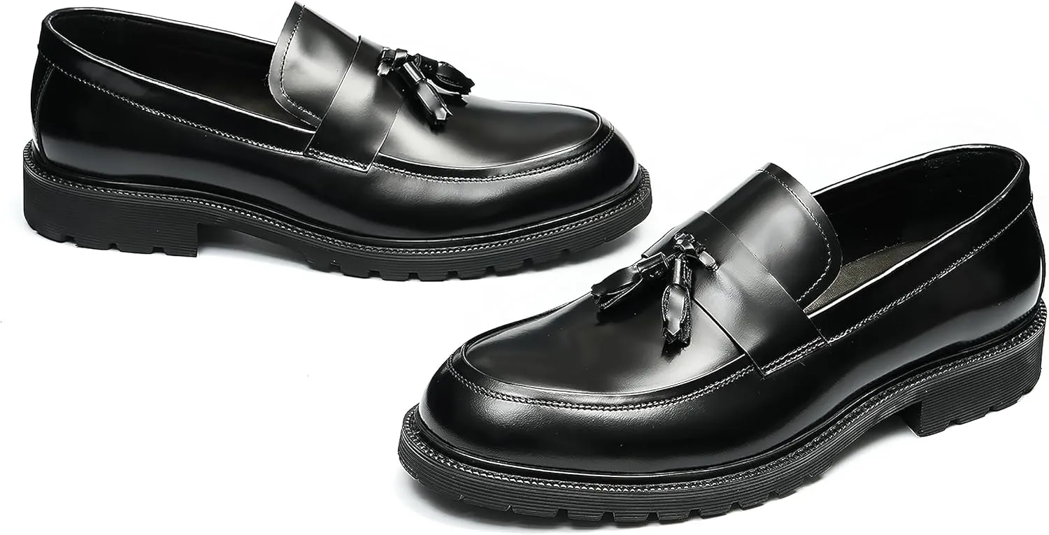 Santimon Men's Loafers Slip Ons Dress Casual Tassel Shoes Genuine Leather Thick-Soled Penny Loafer Formal Business Fashion Prom Wedding Tuxedo Shoes for Men