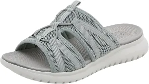 Spring Summer Women Flat Sandals Athletic Mesh Design Mesh Lightweight Breathable Sandals Slip On Bottom Sport Cushioned Footbed Shoe Outdoor Leisure Walking Fitness Hiking Cycling Slippers