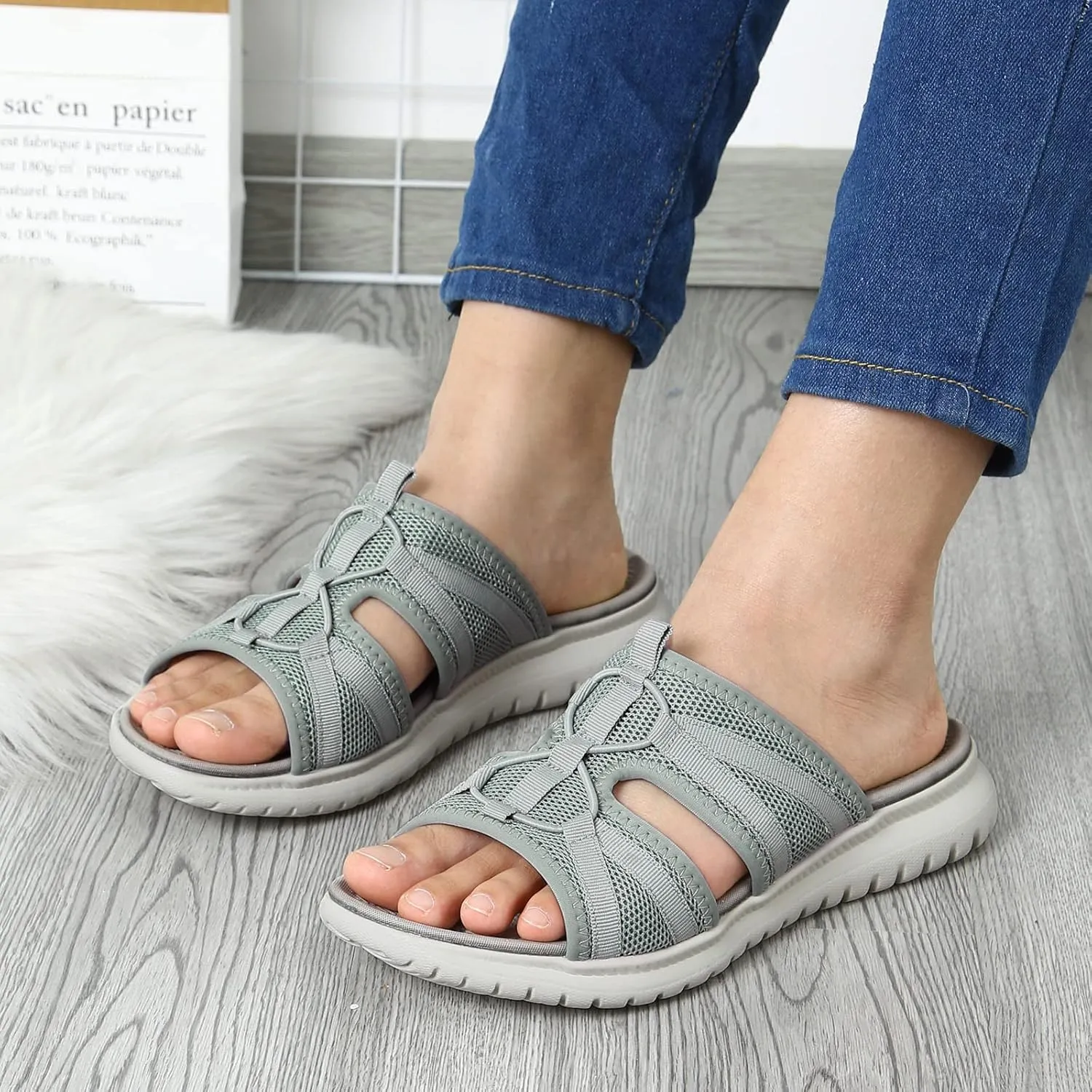 Spring Summer Women Flat Sandals Athletic Mesh Design Mesh Lightweight Breathable Sandals Slip On Bottom Sport Cushioned Footbed Shoe Outdoor Leisure Walking Fitness Hiking Cycling Slippers