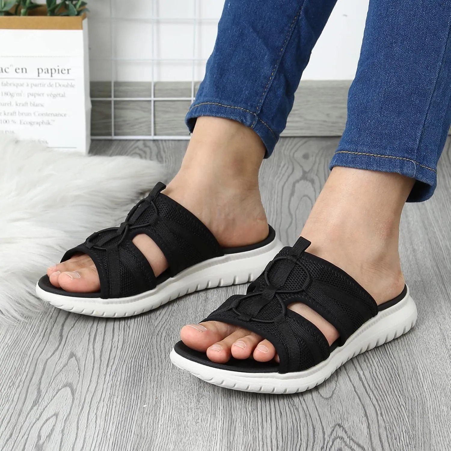 Spring Summer Women Flat Sandals Athletic Mesh Design Mesh Lightweight Breathable Sandals Slip On Bottom Sport Cushioned Footbed Shoe Outdoor Leisure Walking Fitness Hiking Cycling Slippers