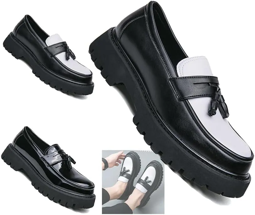 Stylish Men's Leather Slip-On Loafers with Chunky Heel, Round Toe Design, Non-Slip Lug Sole. Perfect for Business, Casual, or Formal Occasions!