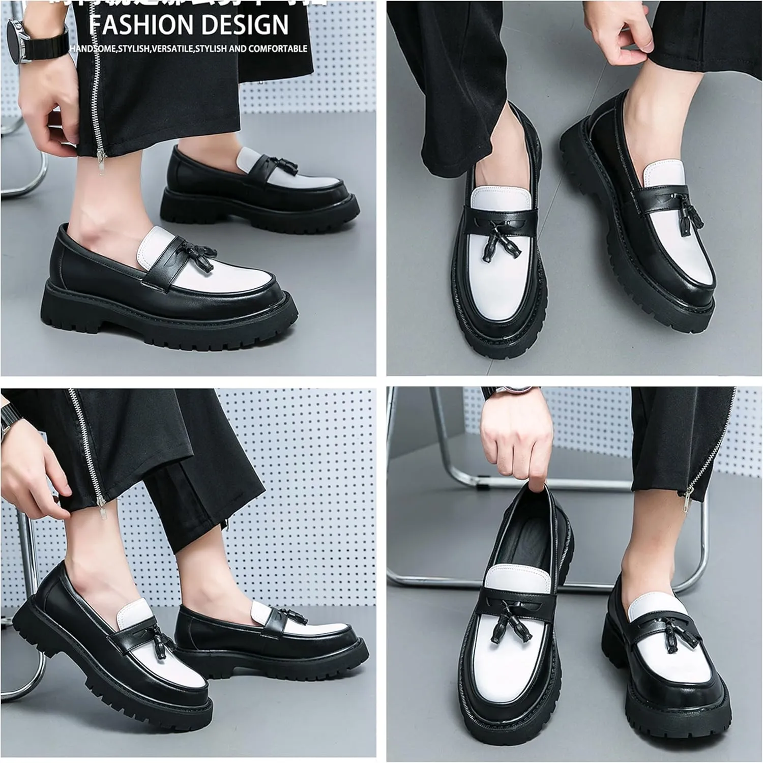 Stylish Men's Leather Slip-On Loafers with Chunky Heel, Round Toe Design, Non-Slip Lug Sole. Perfect for Business, Casual, or Formal Occasions!