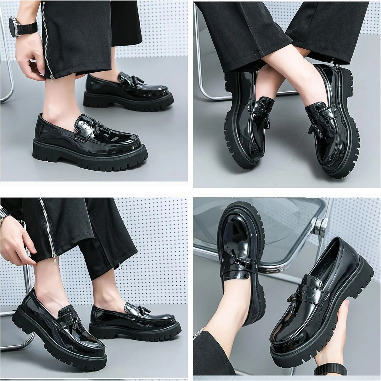 Stylish Men's Leather Slip-On Loafers with Chunky Heel, Round Toe Design, Non-Slip Lug Sole. Perfect for Business, Casual, or Formal Occasions!