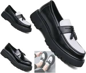 Stylish Men's Leather Slip-On Loafers with Chunky Heel, Round Toe Design, Non-Slip Lug Sole. Perfect for Business, Casual, or Formal Occasions!