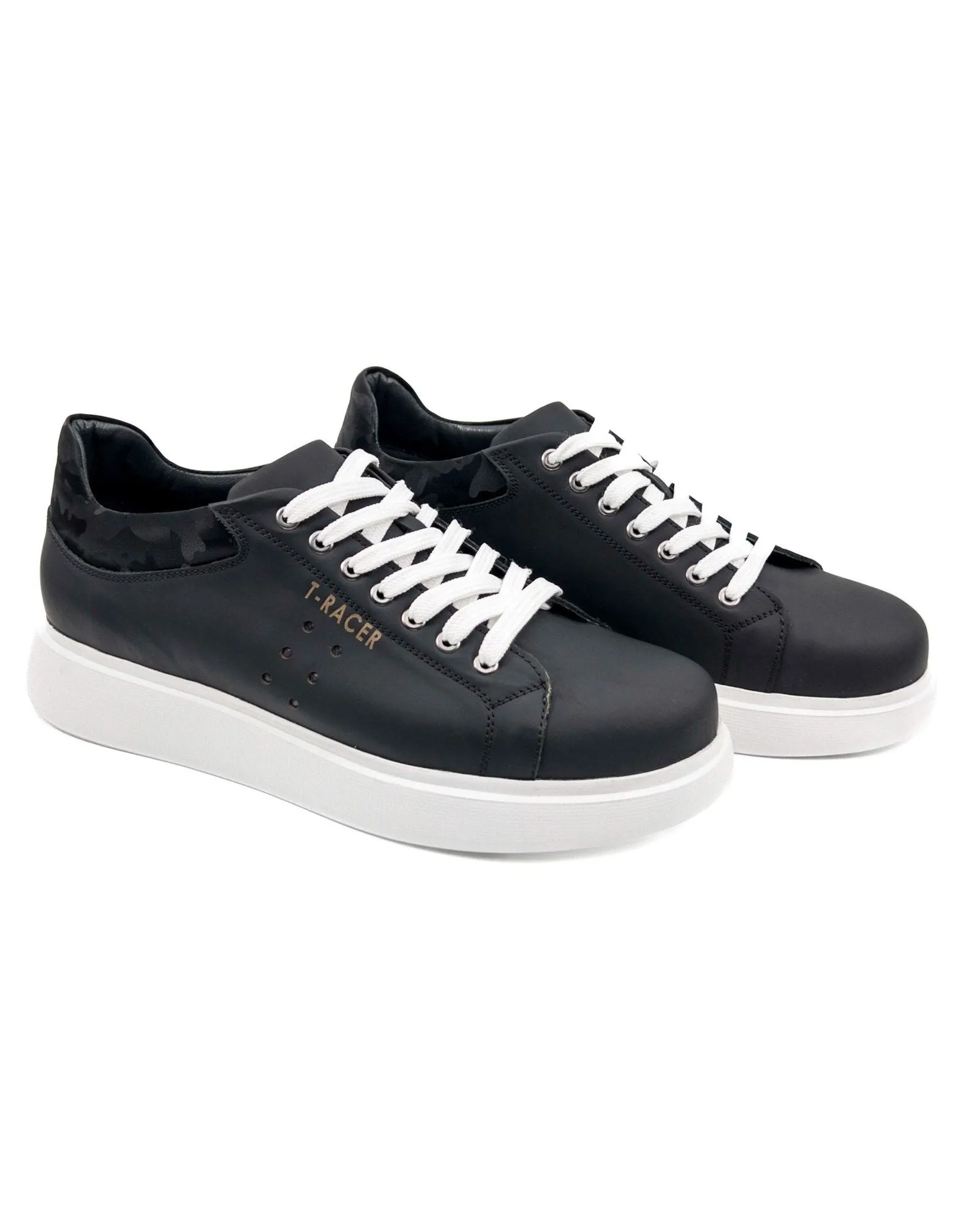 T-Racer Black Genuine Leather White Sole Men's Sneaker