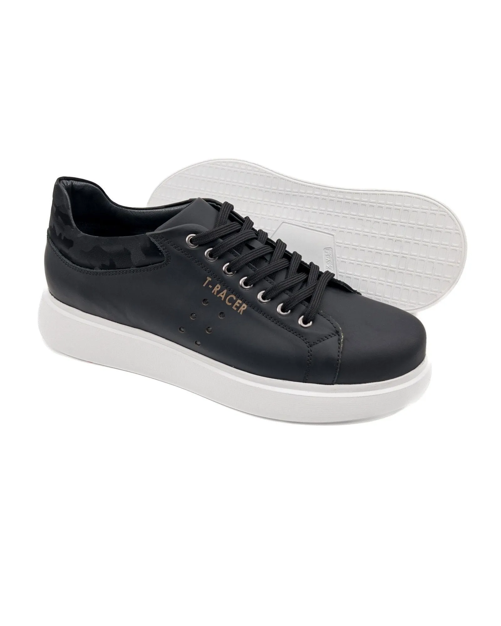 T-Racer Black Genuine Leather White Sole Men's Sneaker