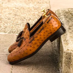 Tan Ostrich Print Leather Asaro Slip On Tassel Loafers