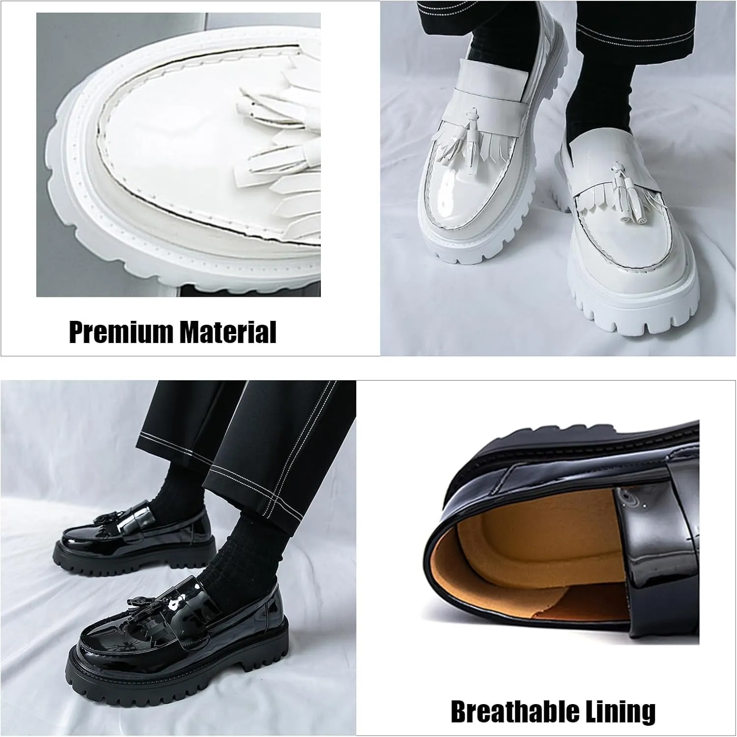 Tassel Loafers for Men's Patent Leather Platform Dress Shoes Chunky Block Heel Heighten Non-Slip Lug Sole Slip On Big Toe Formal Business Loafers for Wedding Party