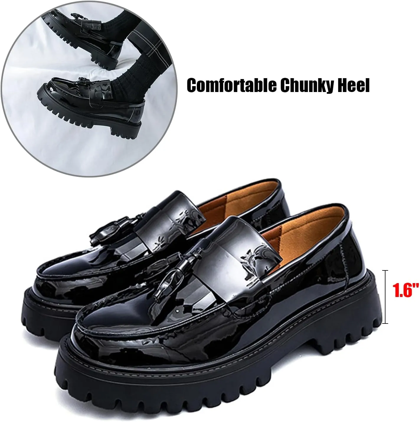 Tassel Loafers for Men's Patent Leather Platform Dress Shoes Chunky Block Heel Heighten Non-Slip Lug Sole Slip On Big Toe Formal Business Loafers for Wedding Party