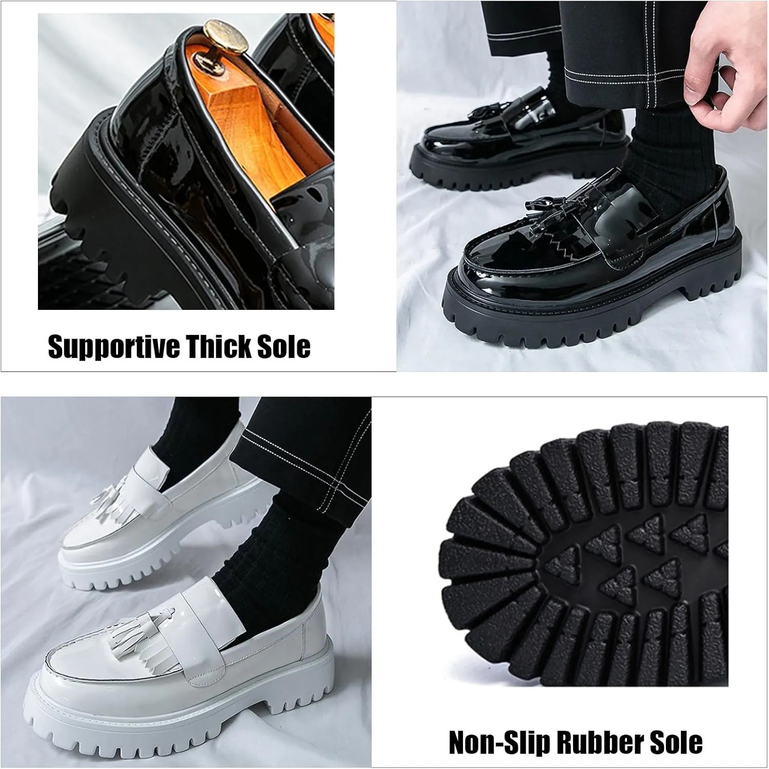Tassel Loafers for Men's Patent Leather Platform Dress Shoes Chunky Block Heel Heighten Non-Slip Lug Sole Slip On Big Toe Formal Business Loafers for Wedding Party