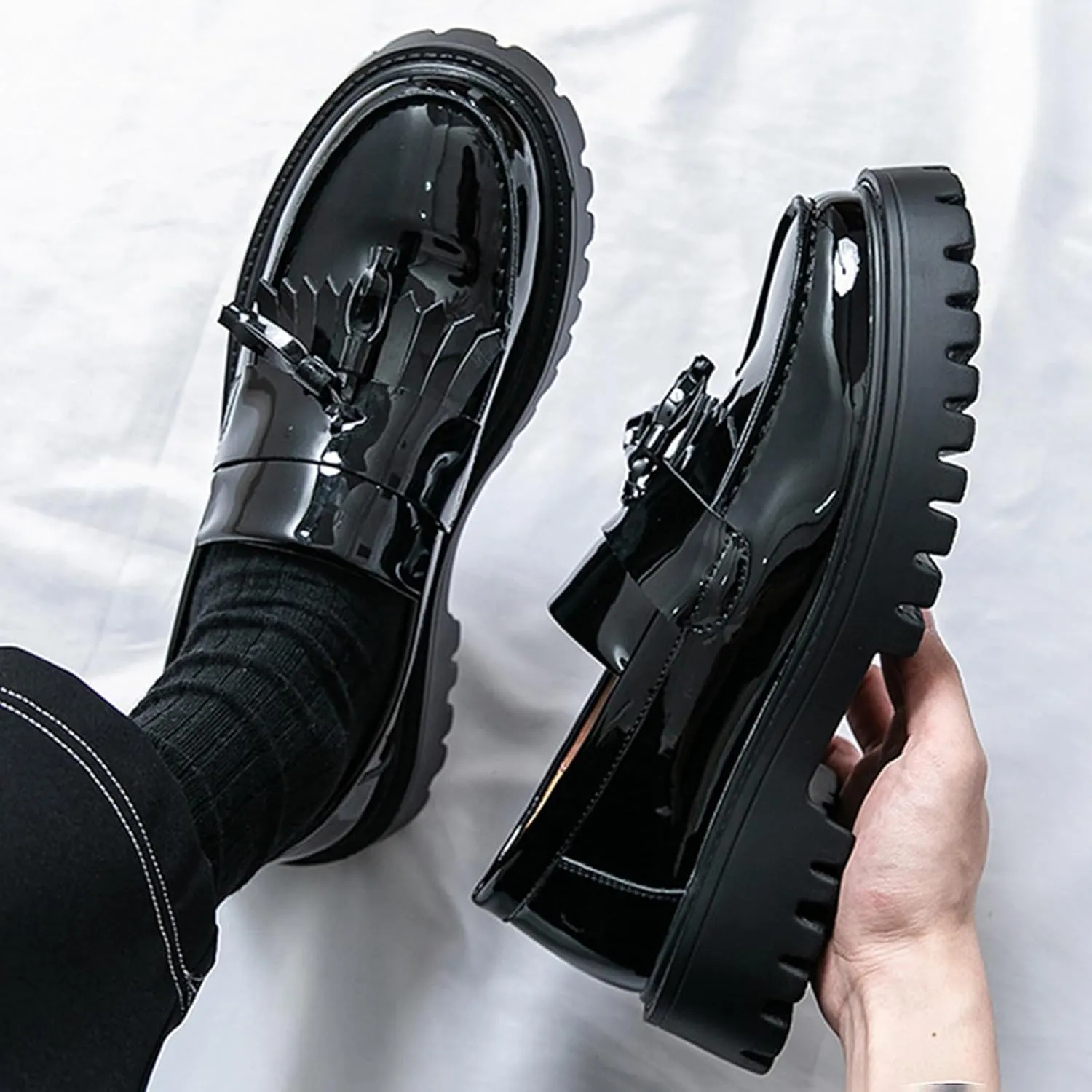 Tassel Loafers for Men's Patent Leather Platform Dress Shoes Chunky Block Heel Heighten Non-Slip Lug Sole Slip On Big Toe Formal Business Loafers for Wedding Party