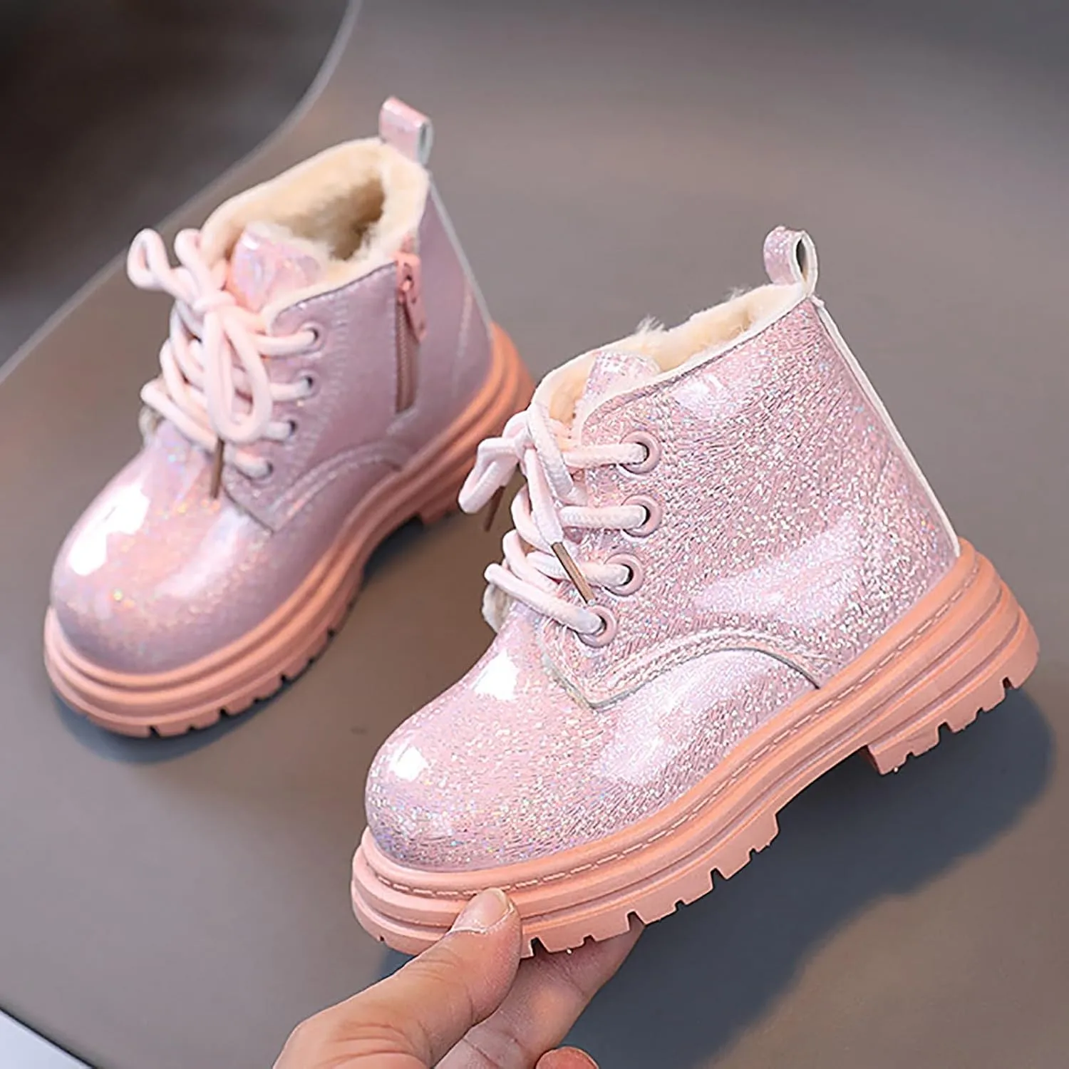 Toddler Girls Boys Ankle Boots Little Kids Glitter Lace Up Side Zip Combat Booties Fleece Lined Winter Warm Snow Boots