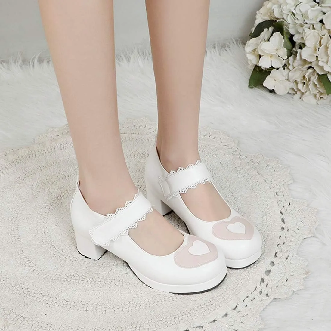 VOKLIN Women's Girls Platform Mary Jane Pumps Ankle Strap Hook-and-Loop Block Mid Heel Oxford Dress Shoes