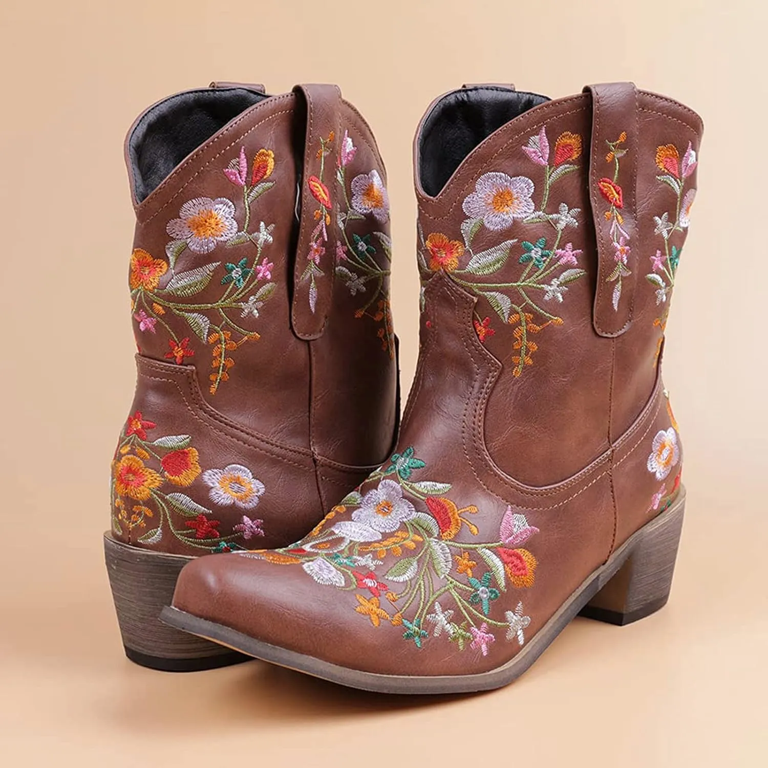 Women Ankle Cowgirl Boots Western Short Boots Women Flower Embroidered Ankle Cowgirl Chunky Heel Pull On Short Boots