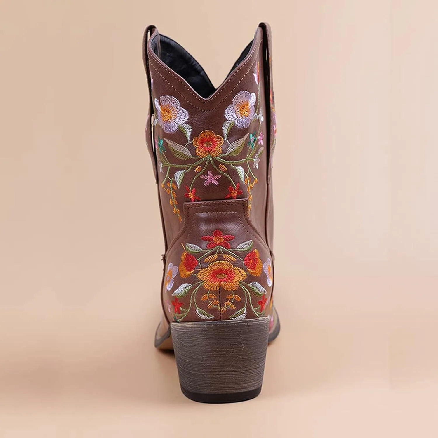 Women Ankle Cowgirl Boots Western Short Boots Women Flower Embroidered Ankle Cowgirl Chunky Heel Pull On Short Boots