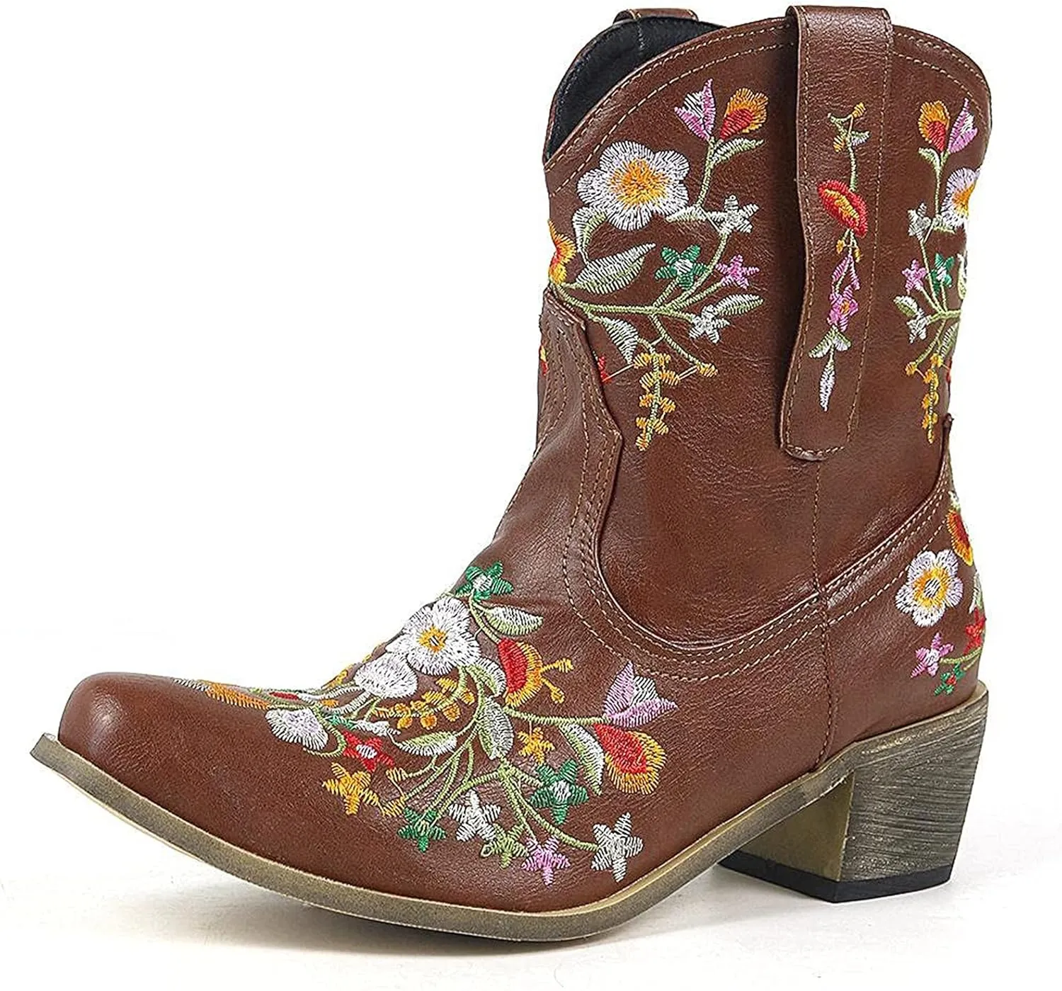 Women Ankle Cowgirl Boots Western Short Boots Women Flower Embroidered Ankle Cowgirl Chunky Heel Pull On Short Boots