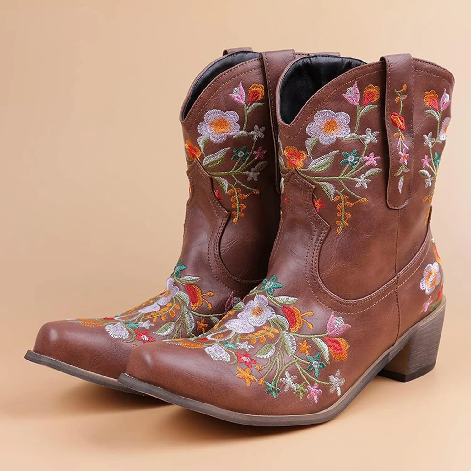 Women Ankle Cowgirl Boots Western Short Boots Women Flower Embroidered Ankle Cowgirl Chunky Heel Pull On Short Boots