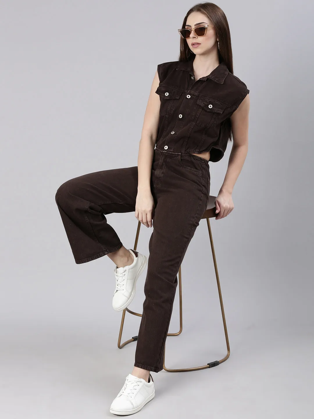 Women Solid Coffee Brown Basic Jumpsuit