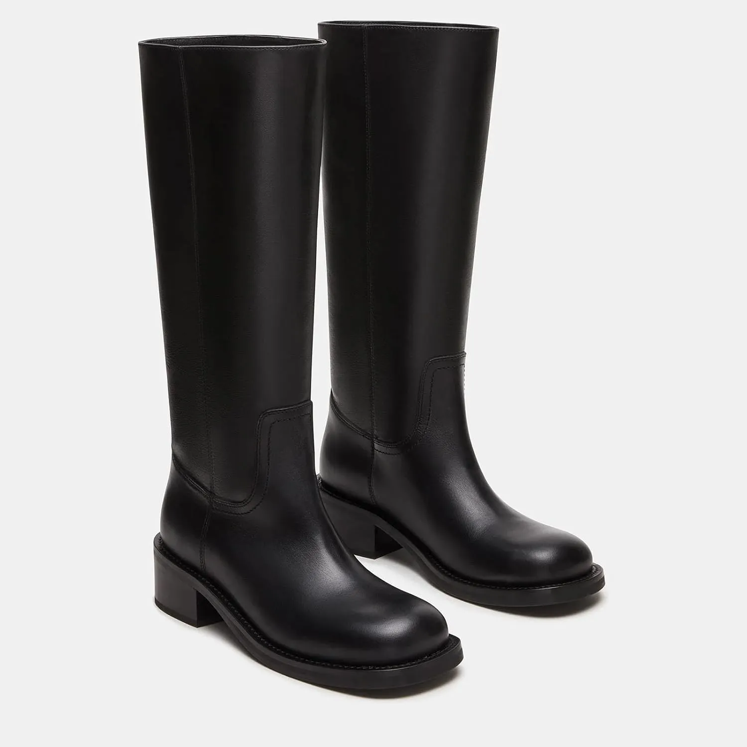 Women's Banana Knee High Boots Square Toe Chunky Block Heel Comfortable Low Heel Pull on Wide Calf Riding Long Boots for Women