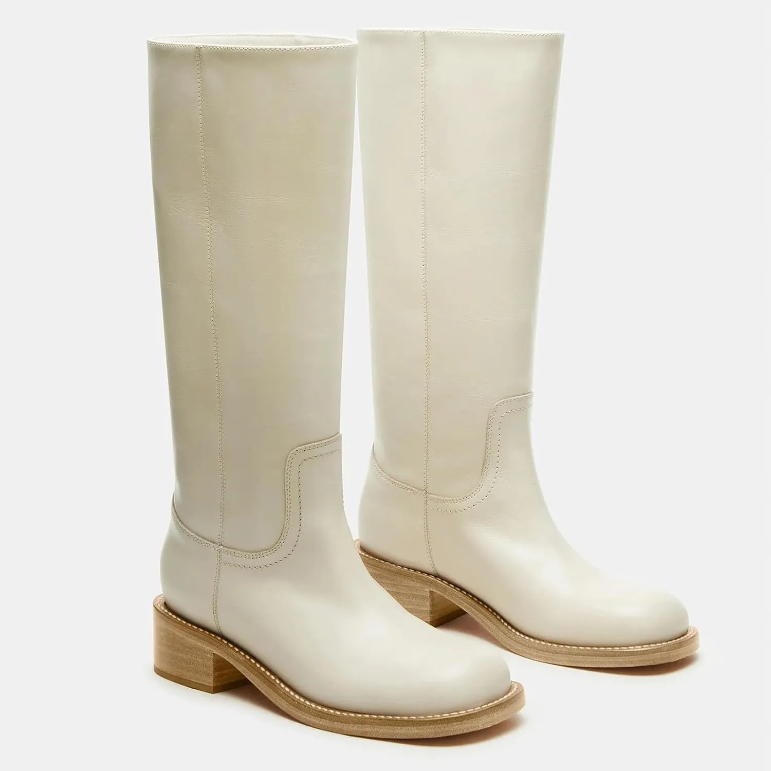 Women's Banana Knee High Boots Square Toe Chunky Block Heel Comfortable Low Heel Pull on Wide Calf Riding Long Boots for Women