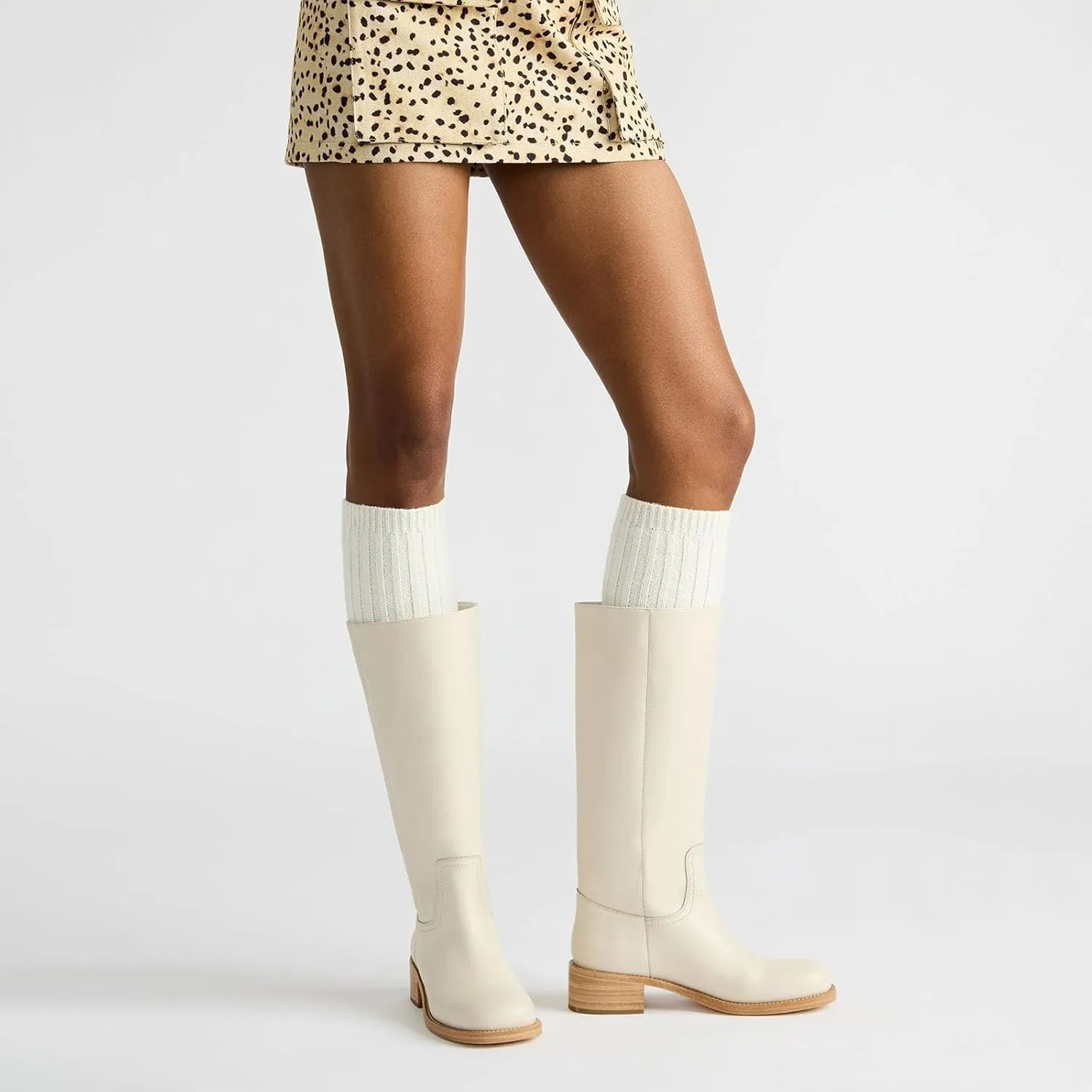 Women's Banana Knee High Boots Square Toe Chunky Block Heel Comfortable Low Heel Pull on Wide Calf Riding Long Boots for Women