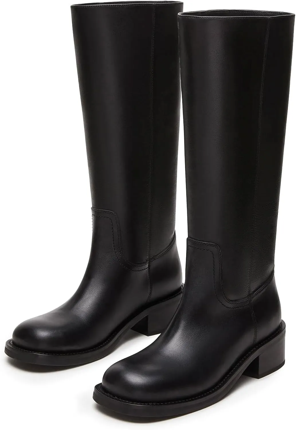 Women's Banana Knee High Boots Square Toe Chunky Block Heel Comfortable Low Heel Pull on Wide Calf Riding Long Boots for Women