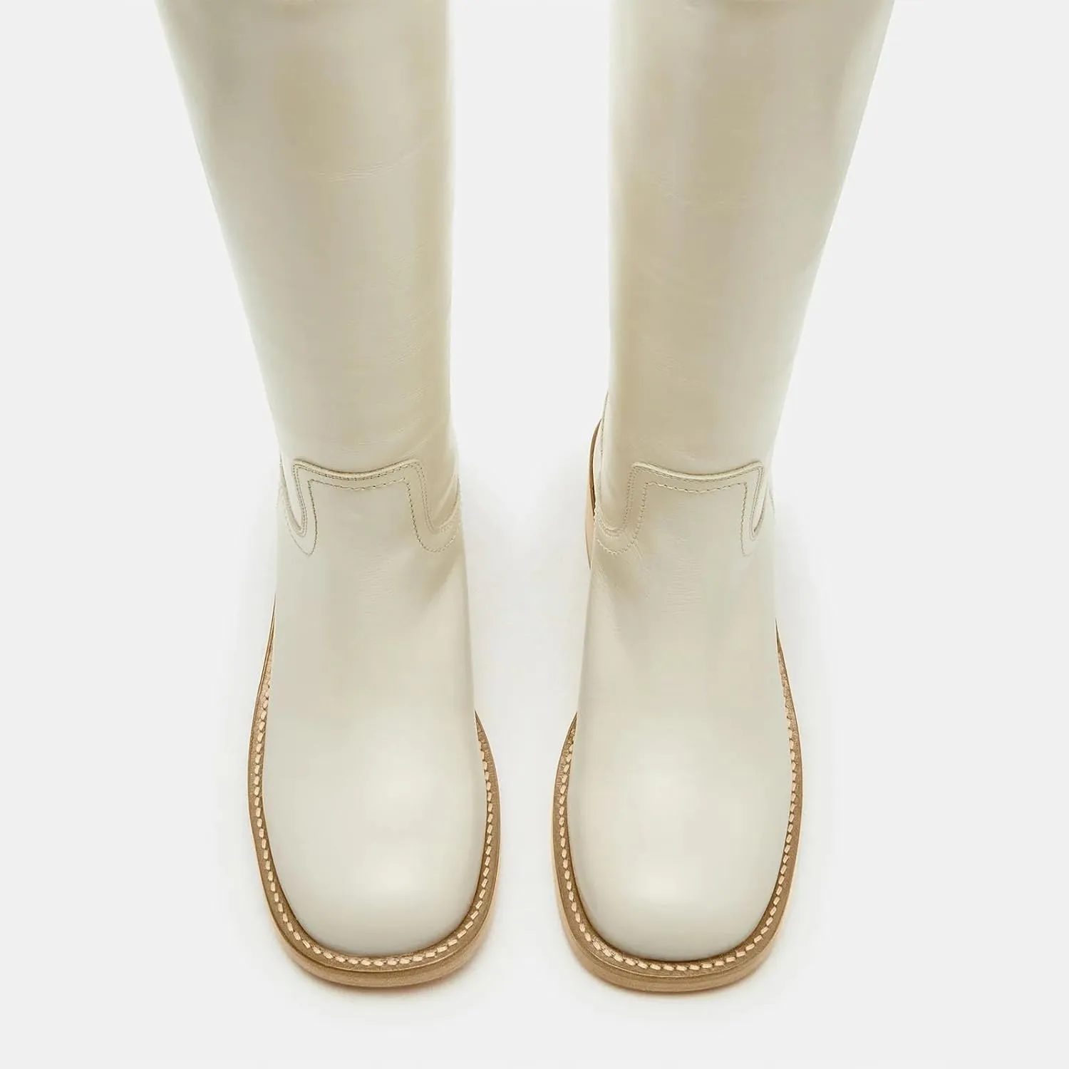 Women's Banana Knee High Boots Square Toe Chunky Block Heel Comfortable Low Heel Pull on Wide Calf Riding Long Boots for Women