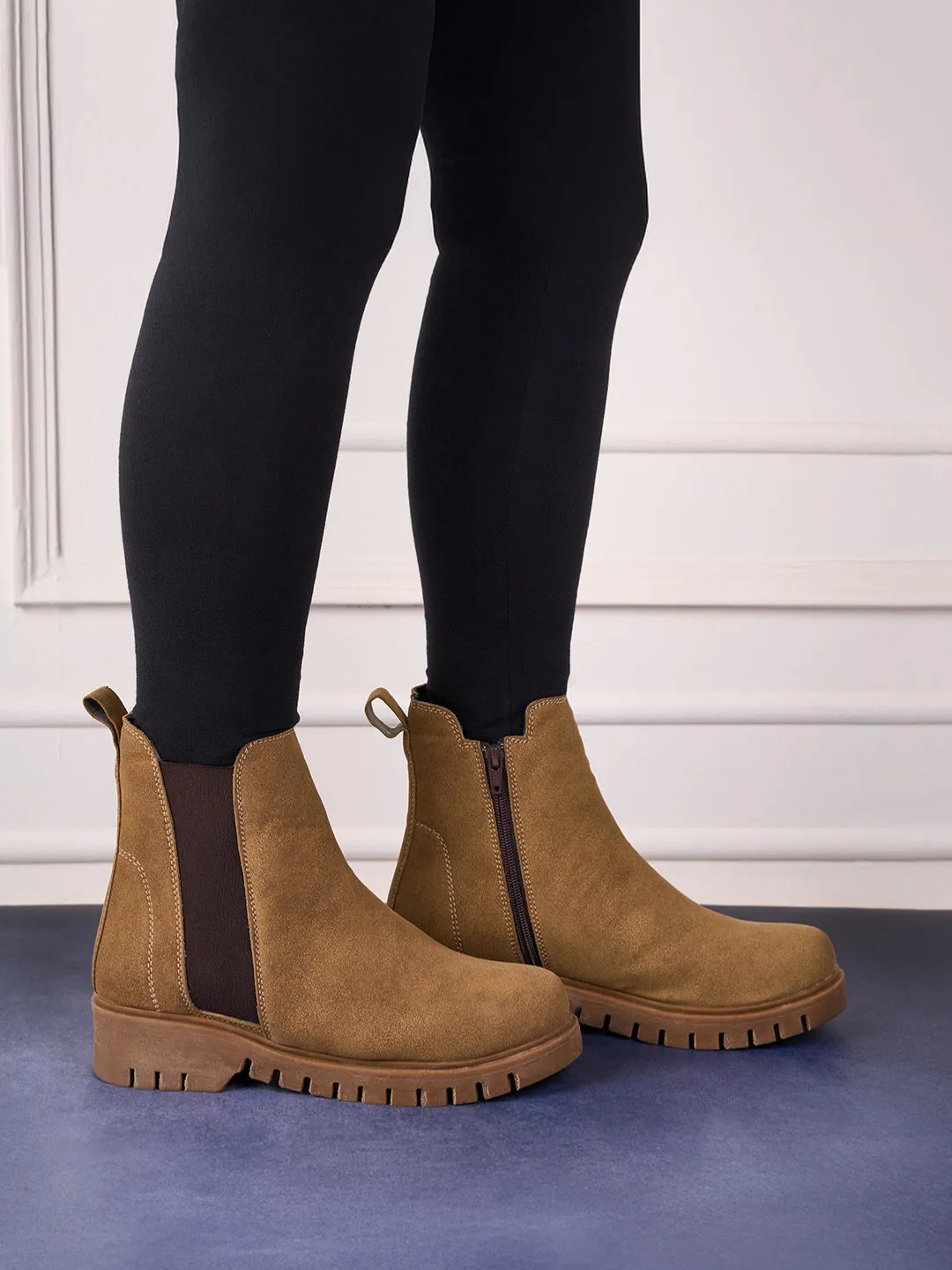 Women's Beige Suede Finish Boots (IU5008)