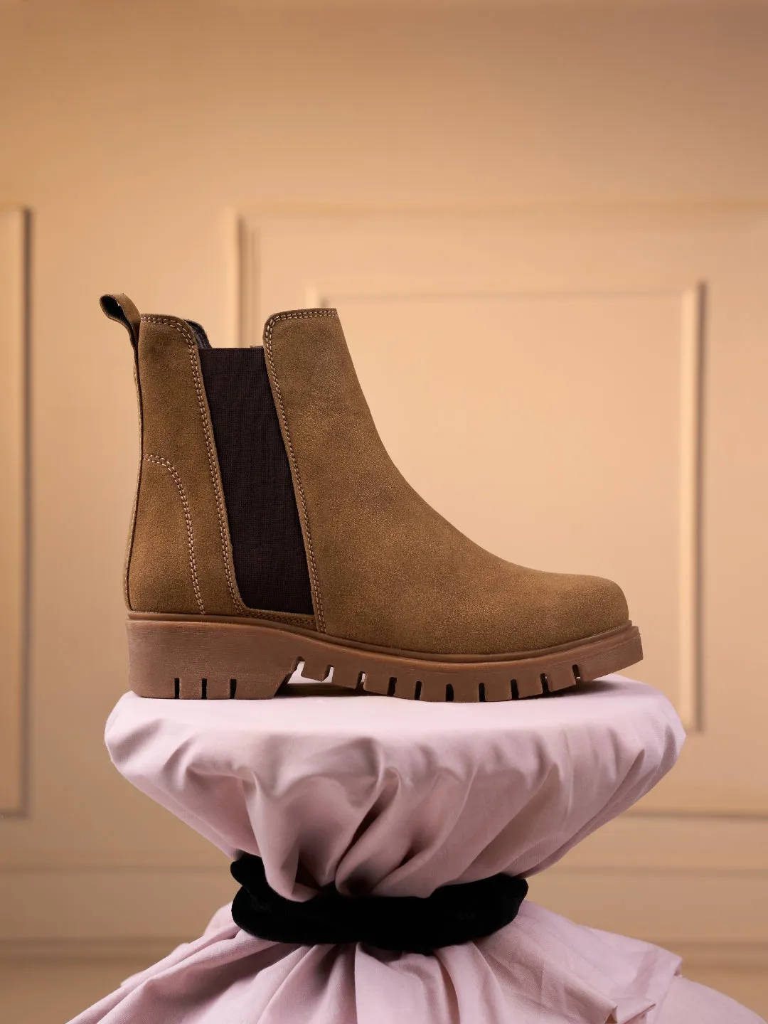 Women's Beige Suede Finish Boots (IU5008)